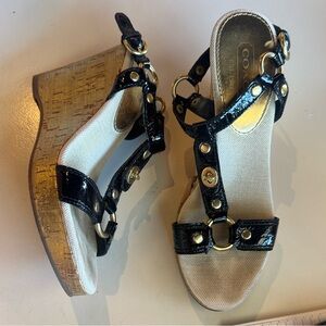 Coach Black Patent Leather Cork Wedge Sandals with Gold Accents